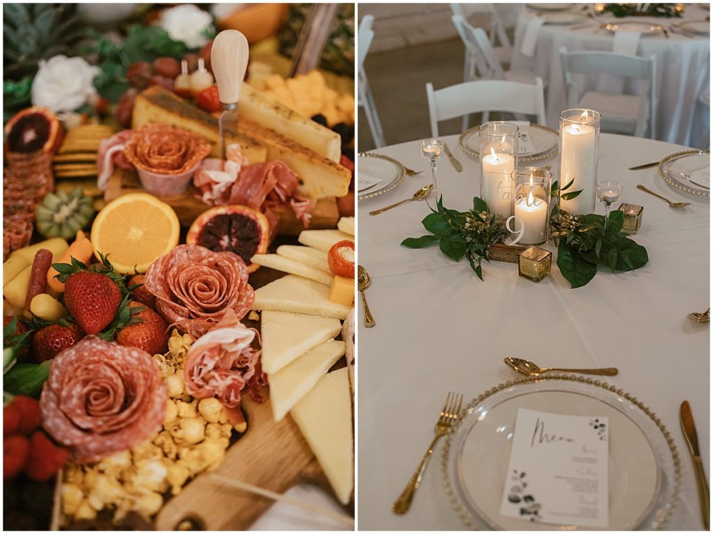 charcuterie board and wedding reception table set-up