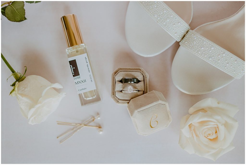 wedding details - shoes, rings, perfume for this dreamy wedding at koury farms