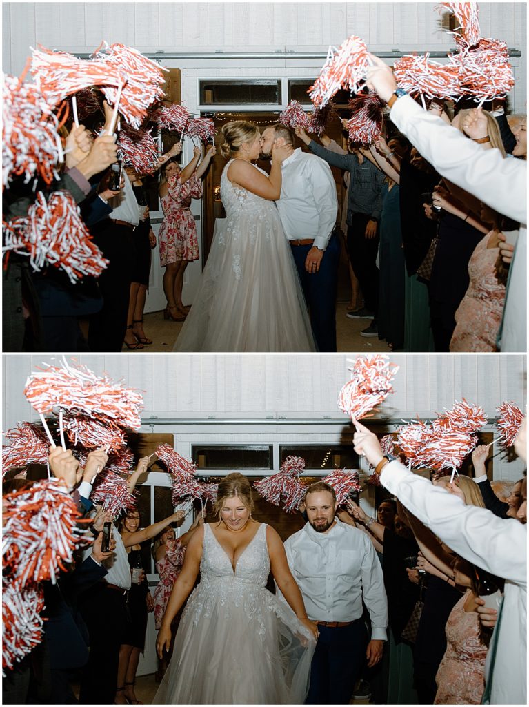 A fun red and white pompom wedding exit for the bride and groom