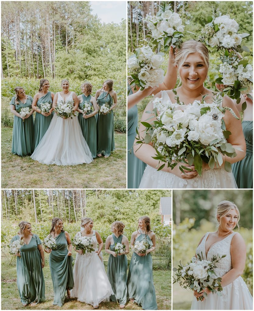 Bride with her bridesmaids in sage green dresses and ivory florals