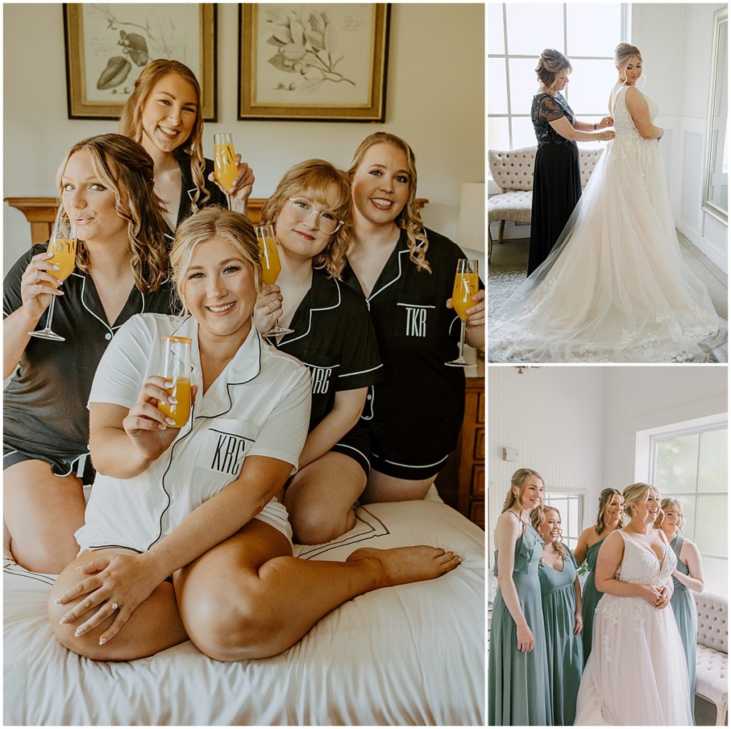 Bride with bridesmaids with mimosas and getting into her dress