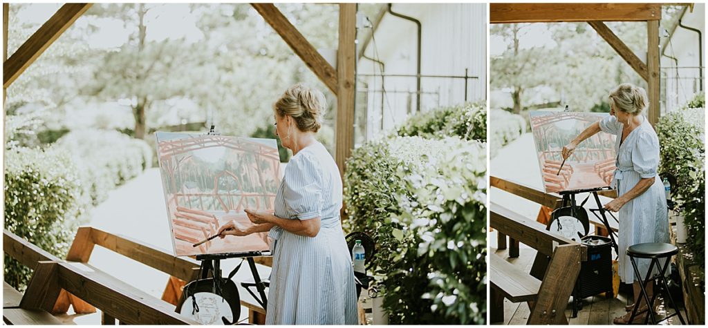 An artist painting the scene of the wedding ceremony at Koury Farms