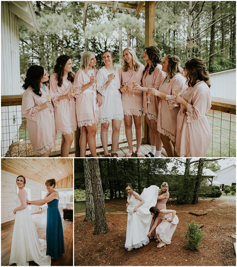 Bridesmaids toasting the bride and helping her with her wedding dress