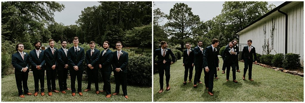 Groom with his groomsmen wearing navy blue suits and brown shoes