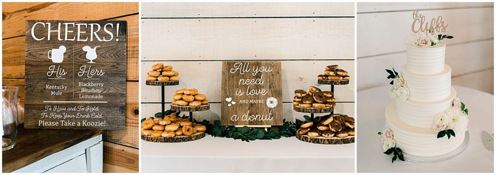 Drinks sign, donut desert table and wedding cake