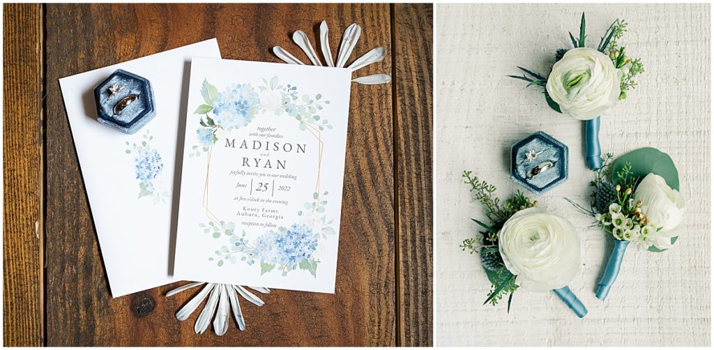 Wedding invitations and boutonniere in ivory and dusty blue colors with some greenery