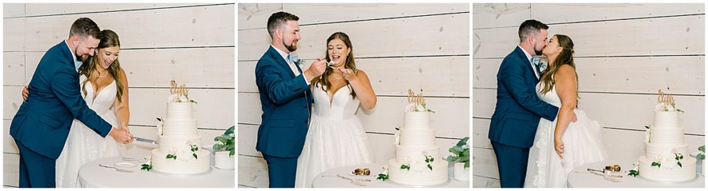 Bride and groom eating wedding cake