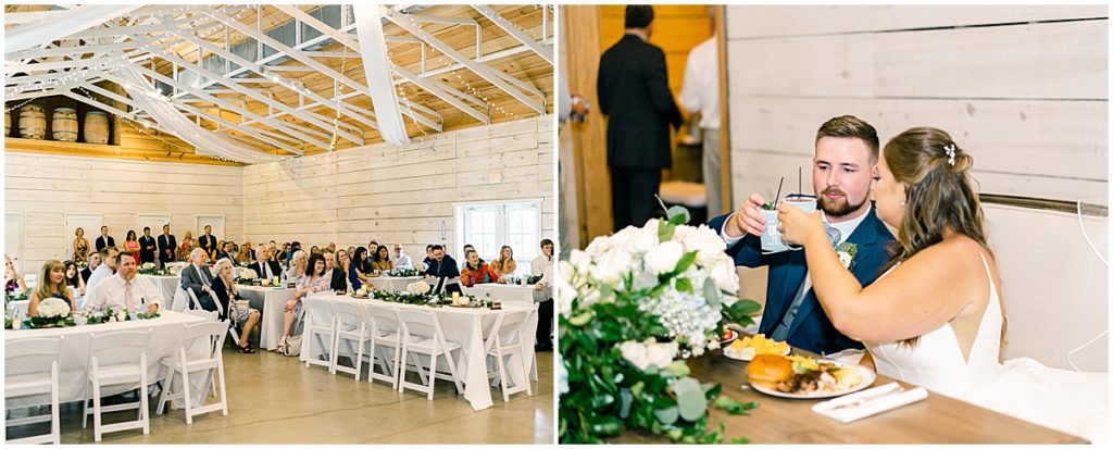 wedding reception and bride and groom toasting at North Georgia barn wedding 