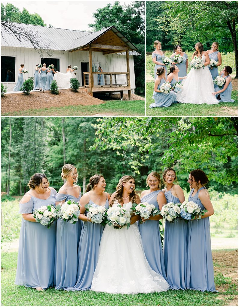 Bride with bridesmaids in dusty blue in the grounds of North Georgia Barn Wedding venue, Koury Farms