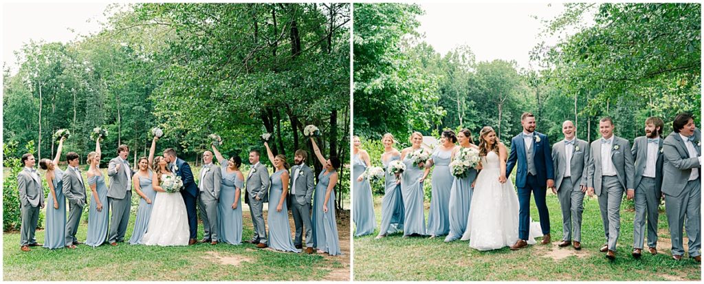 Bridal party in dusty blue and grey at North Georgia Barn Wedding