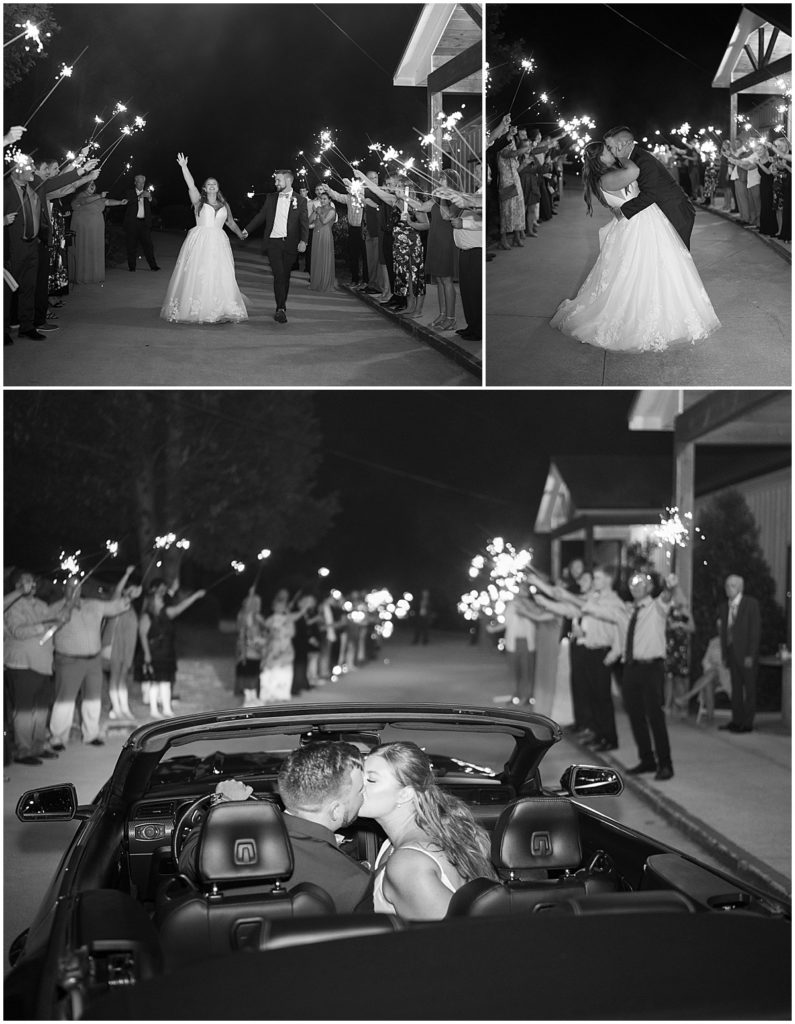 Black and white images of sparkler wedding exit and bride and groom kissing in getaway car