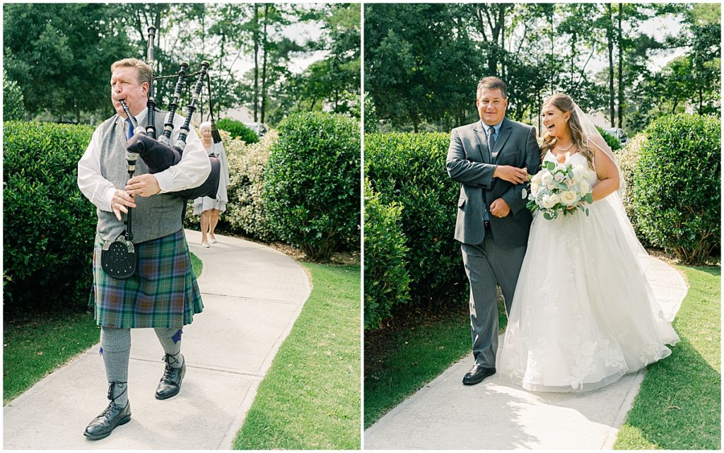 Bagpipe player and bride entering ceremony with father