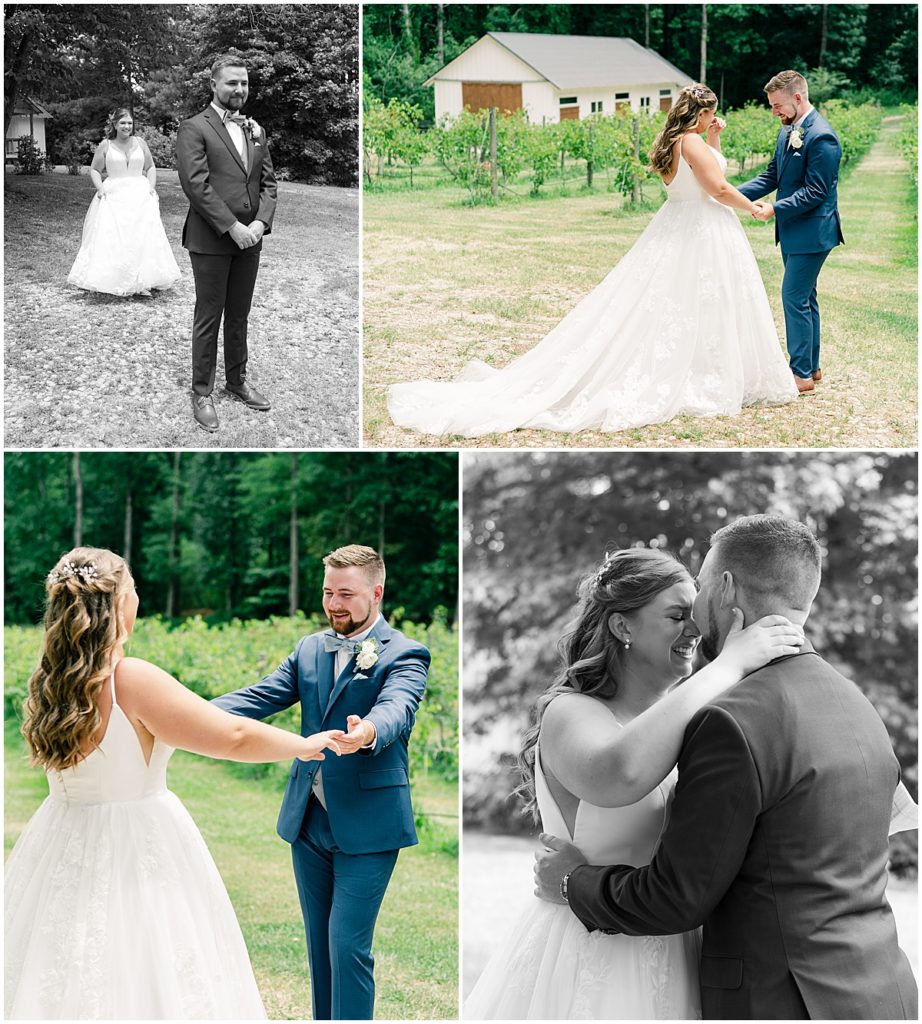 First look with bride and groom in the ground of North Georgia wedding venue