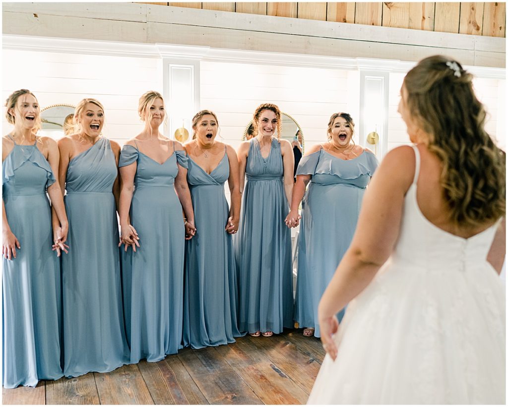 Bride in front of bridesmaids in dusty blue dresses 