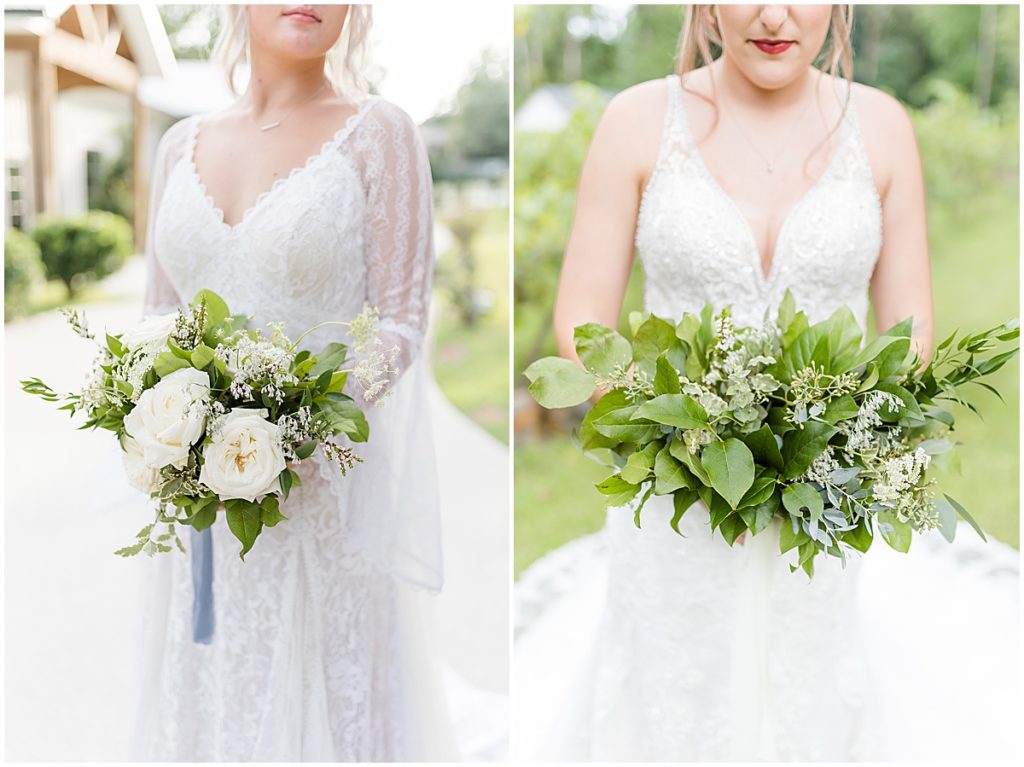 Brides holding two different style of bouquets, one is a ivory floral and the other is lush greenery portraying an elegant and rustic feel