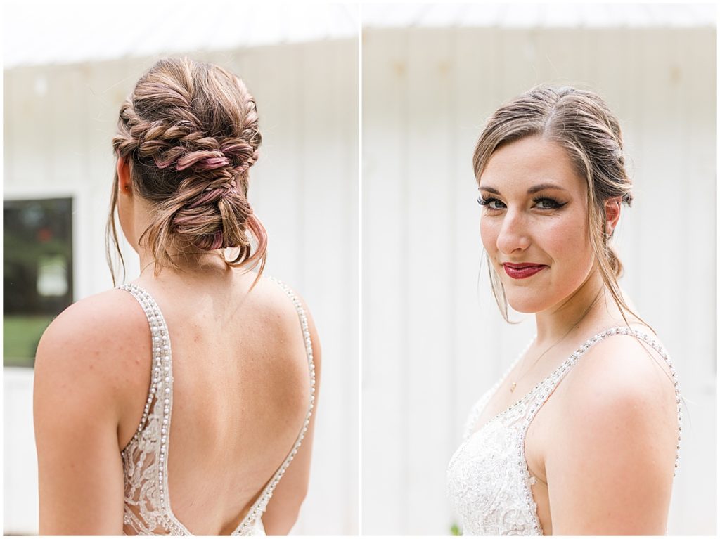 Bride showing her hair in braids and make up for her wedding day