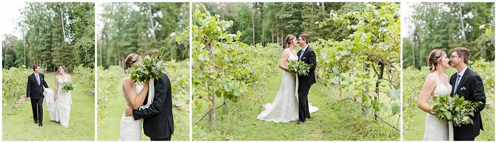 Bride and groom portrait shots in the vineyards at Koury Farms, a rustic, elegant wedding venue