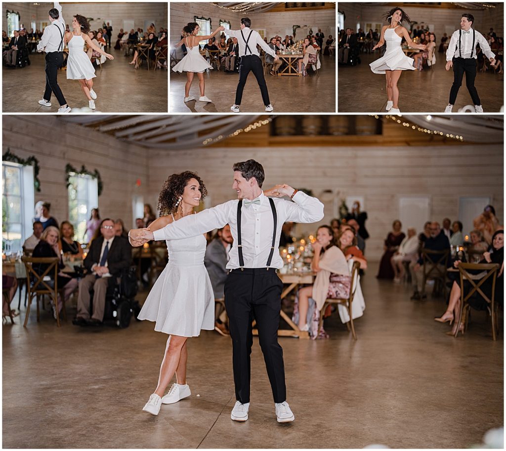 Bride and groom in flat shoes performing a dance routine at their wedding reception