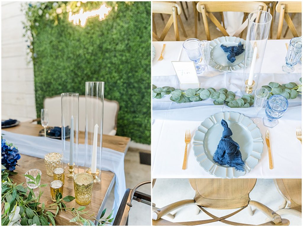Detail shots at for the wedding table decor including tall glass candle votives and blue plates, glasses and napkins