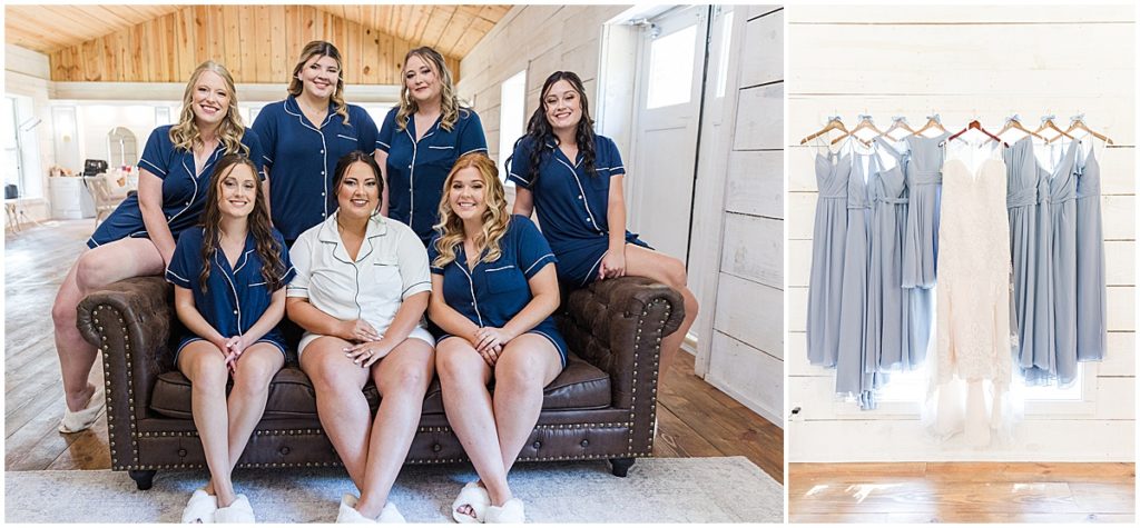 Bridesmaids in navy matching pjs and a shot of their wedding dresses.