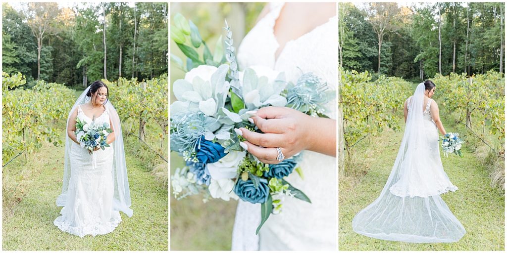 Bridal portraits amongst the vineyards. Bride holds a bouquet with blue, ivory and green florals for blue themed wedding