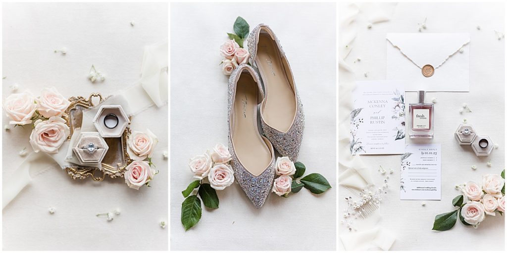 Glitter wedding shoes, wedding invitations and florals