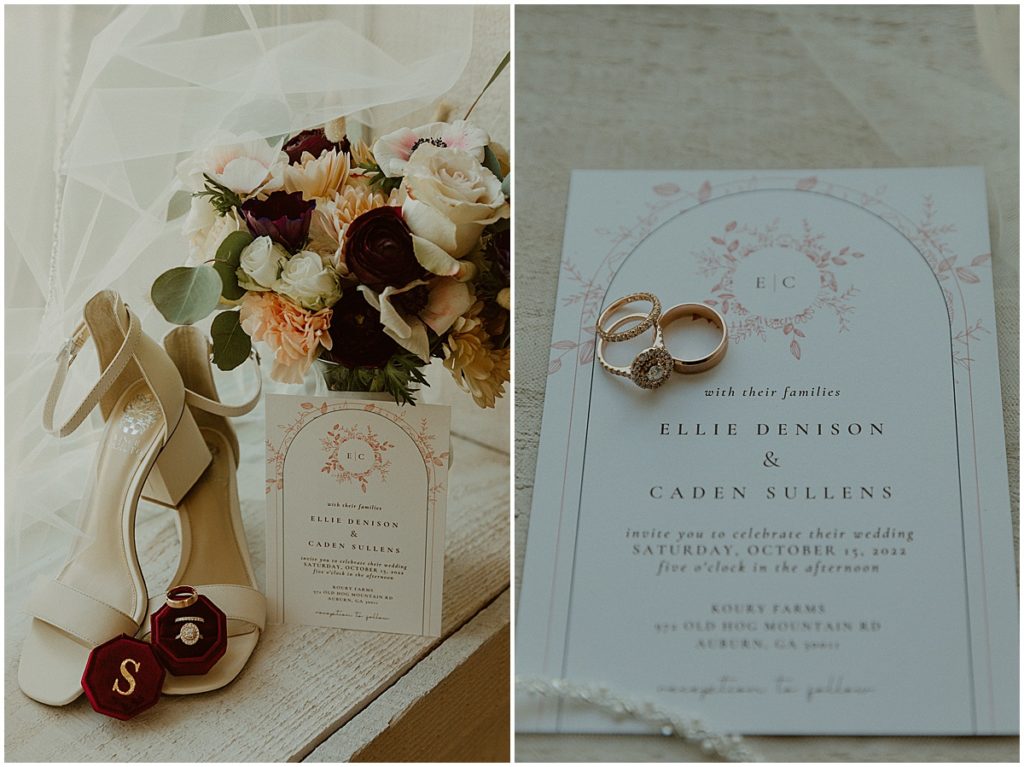 Wedding details of invitation, rings and shoes