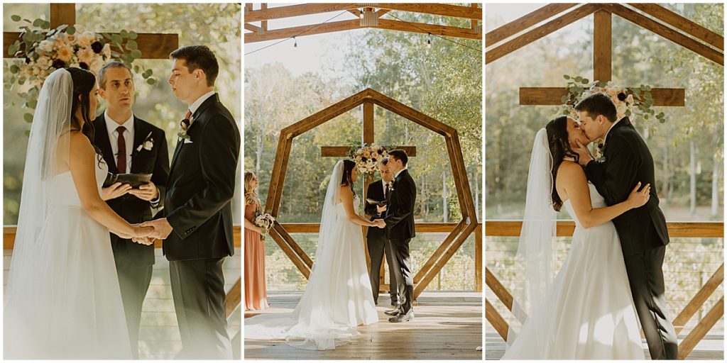 Rustic fall wedding taking place under the covered pavilion at Koury farms