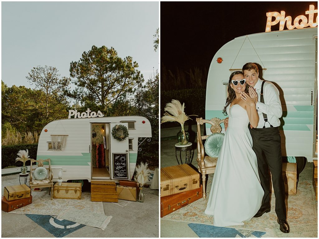 Bride and groom with props for vintage photo booth