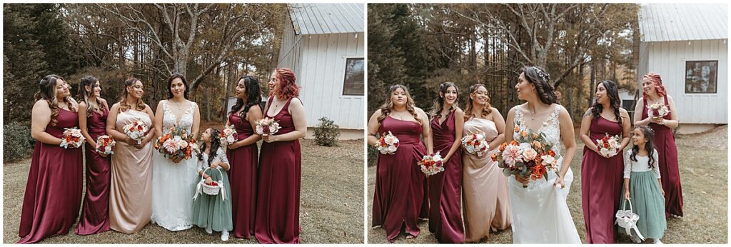 Bride with bridal party in wine red dresses, the maid of honor in champagne color dress.