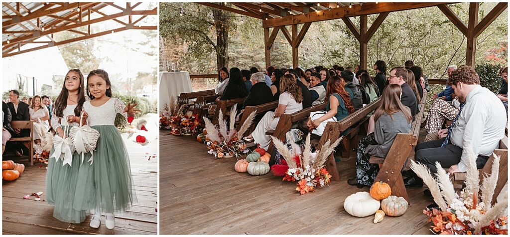 flower girls and wedding ceremony decor at outdoor october wedding at koury farms