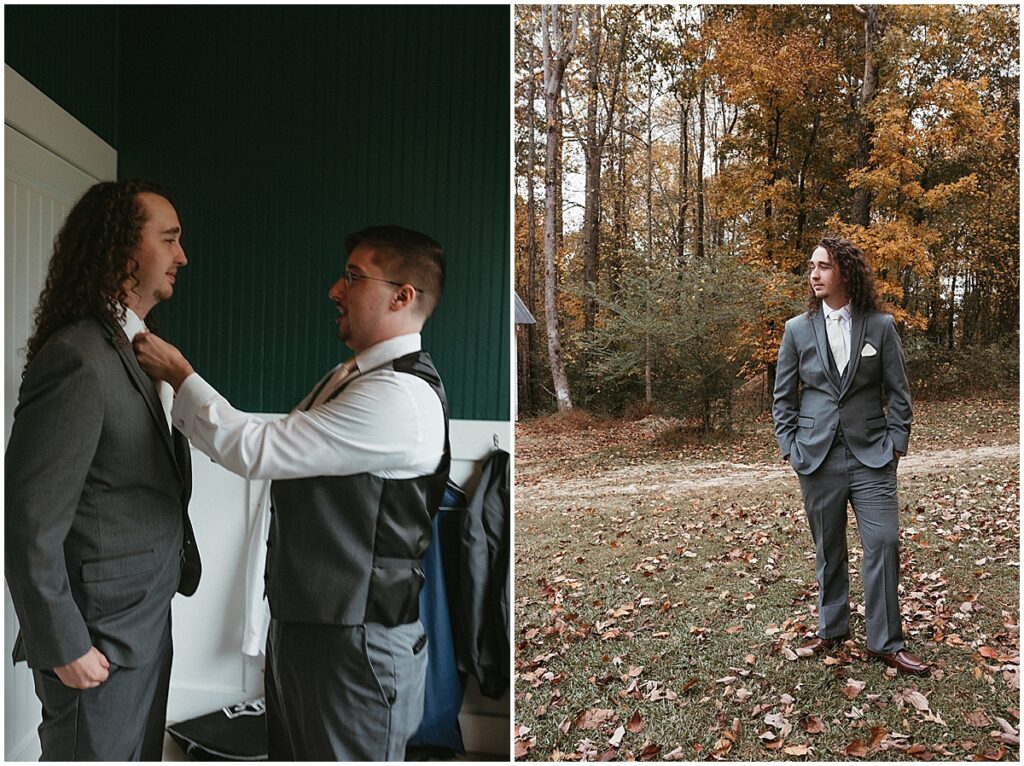 Groom and best man getting ready for fall wedding at Koury Farms