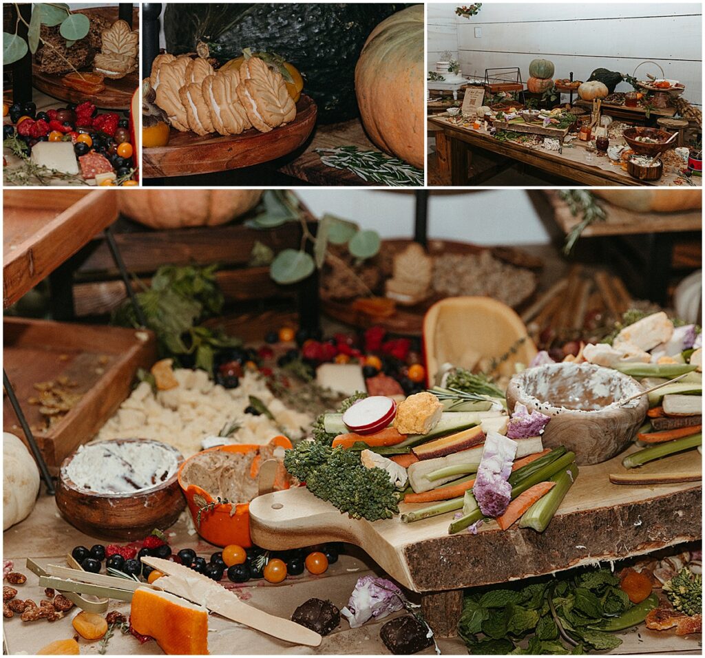 Charcuterie table with cheeses, meats, pumpkin cookies