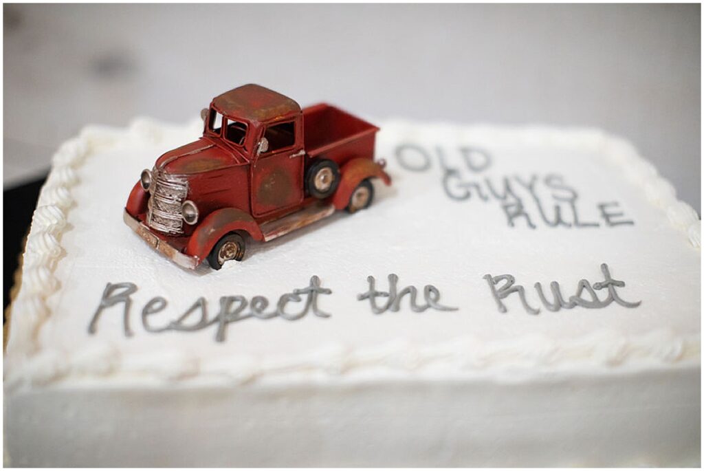 50th wedding anniversary cake with an old red truck