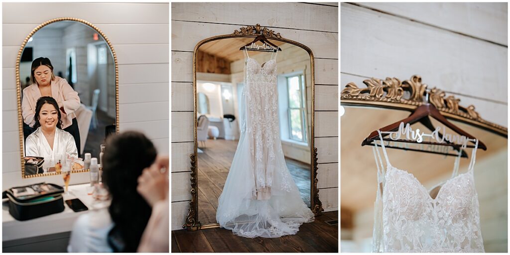 Make up station, large full length mirror and wedding dress hanging on a hanger