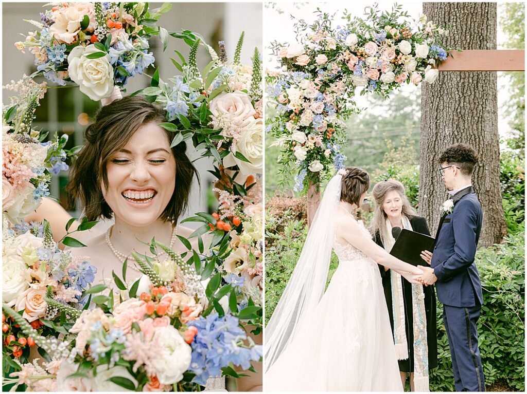 Bride surrounded by bouquets of florals in peach, blue and green. Bride and groom marrying under an arch of florals.