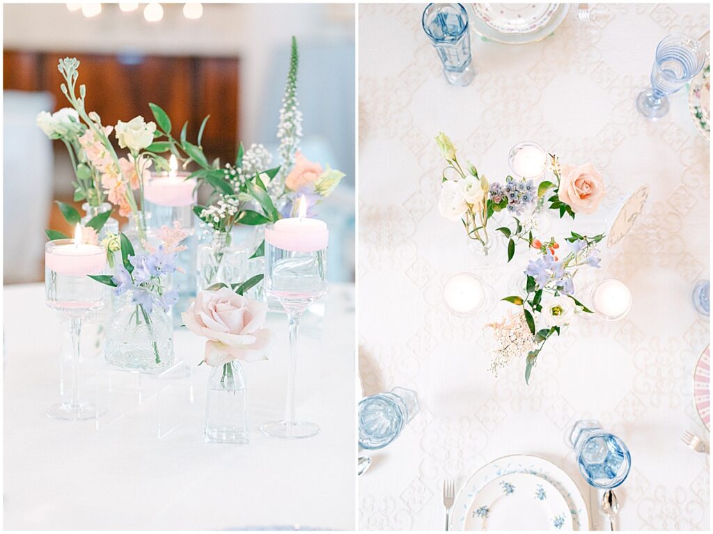 pale blue, white and cream florals with blue glasses and white plates.