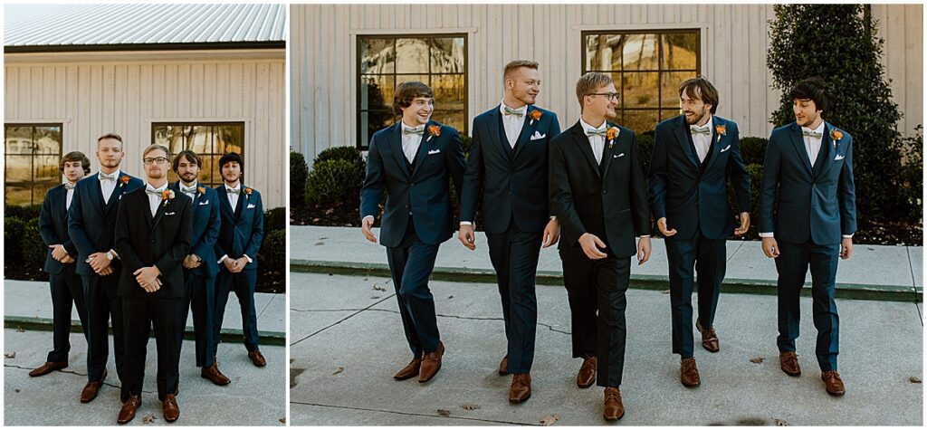 groom with groomsmen in navy suits and brown shoes
