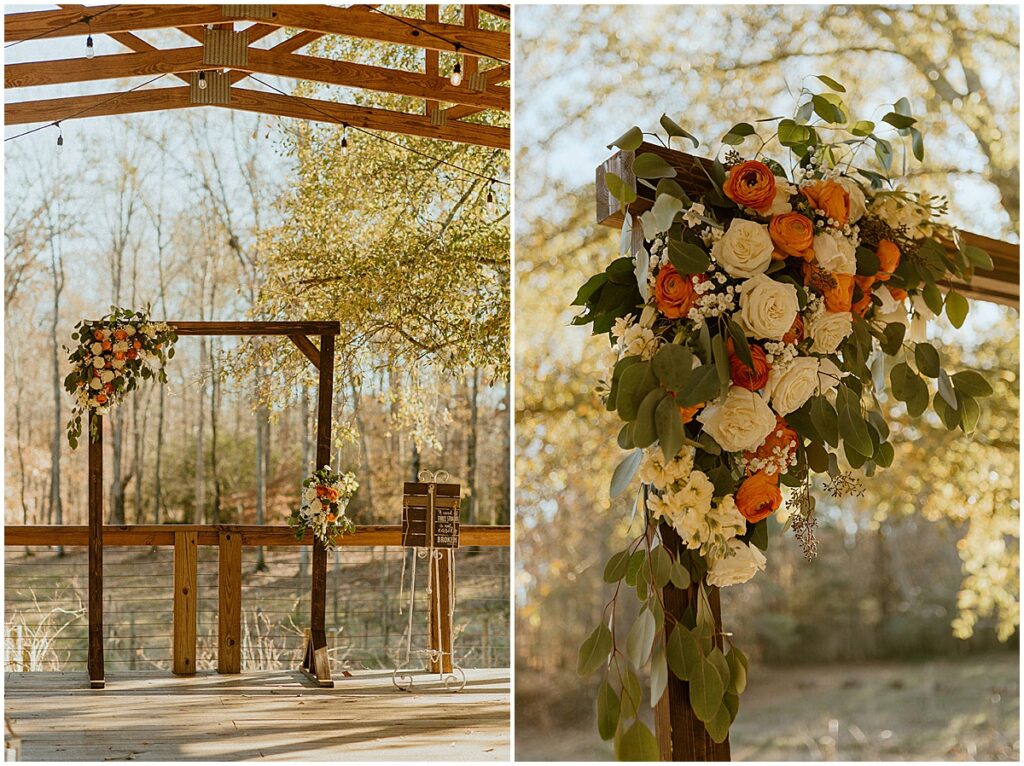 wedding ceremony arch with green, white and orange floral display