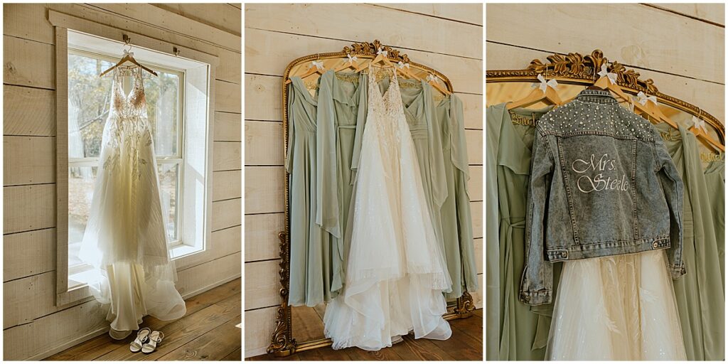 Wedding dress and bridesmaids dresses hanging. Brides customized denim jacket