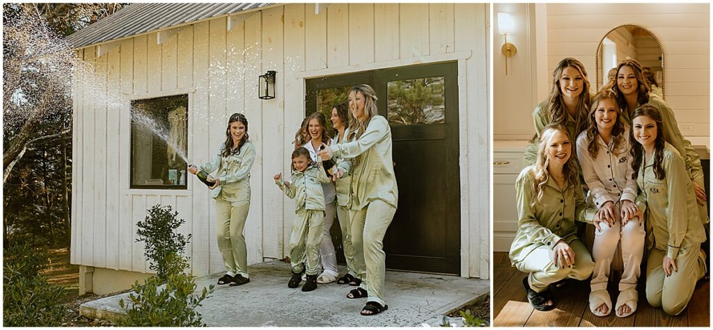 bridesmaids and bride in matching pj's popping champagne