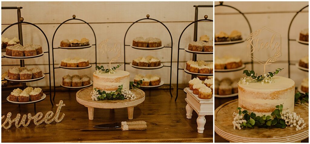 wedding dessert table with cupcake favors and wedding cake