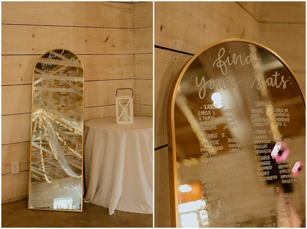 wedding seating chart displayed on a mirror