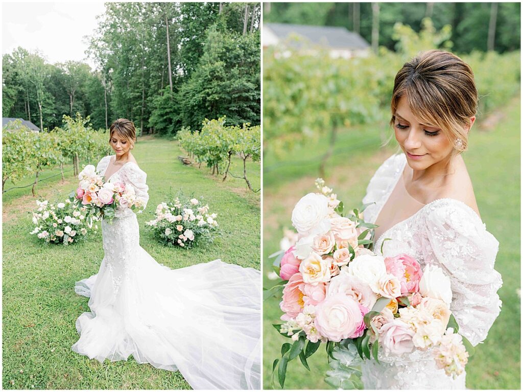 Bride holding a colorful and romantic bouquet of  pink peach and white florals.