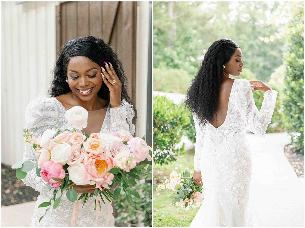 Bride in gorgeous lace dress for gorgeous styled shoot at Koury Farms. 