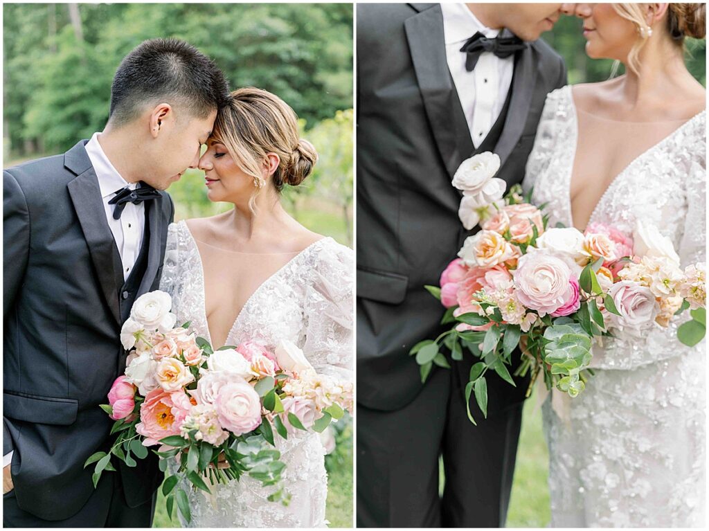 close ups of bride and groom holding a gorgeous romantic theme floral bouquet of pinks, peaches and white florals