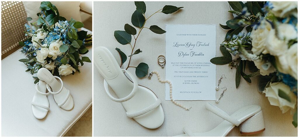 Elegant wedding flatlay with eucalyptus, ivory and blue florals