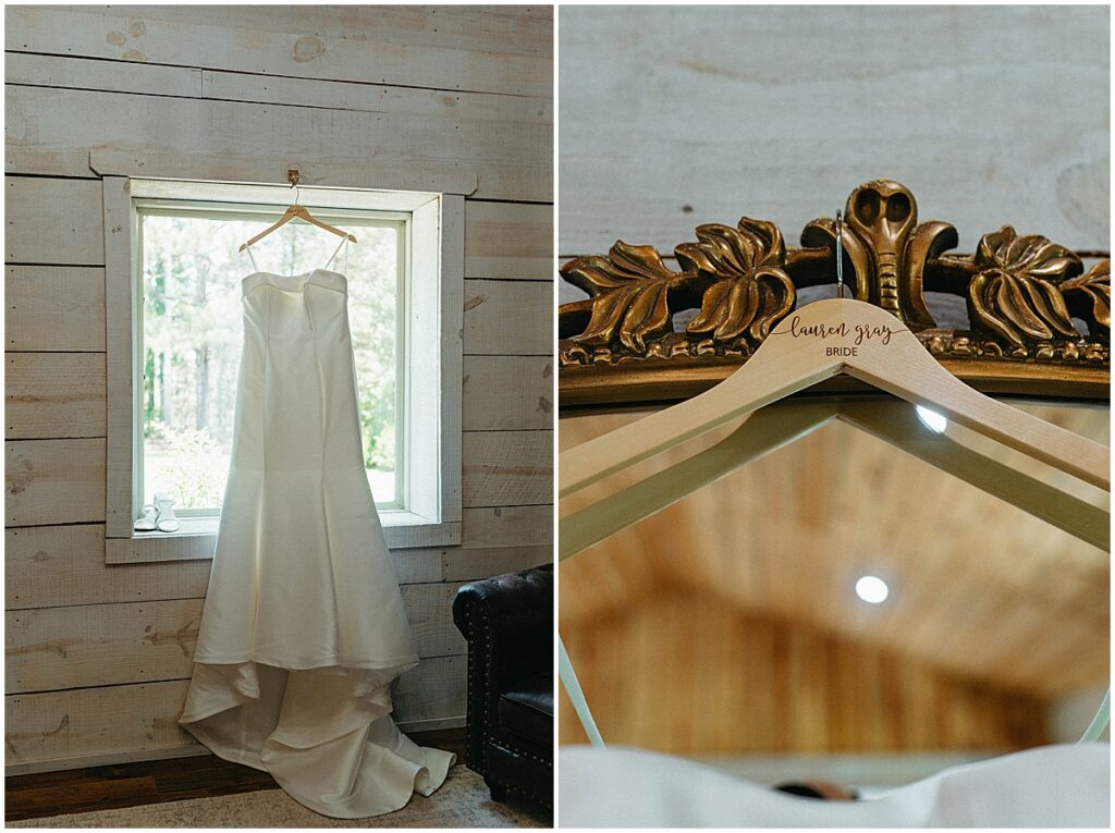 Bridal gown in the bridal suite and decorative hanger with brides name.
