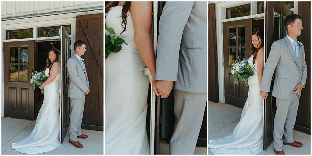 bride and groom first touch outside white barn at Koury Farms weddings