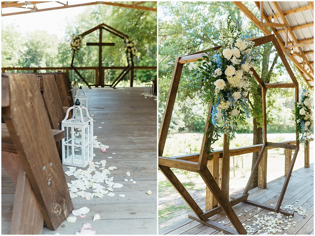 ceremony decor with hexagon and cross decorated with florals